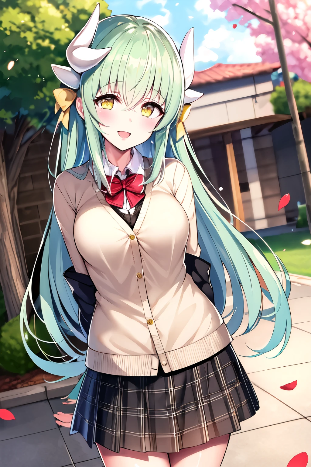 masterpiece, best quality, highres, aakiyo, long hair, green hair, white horns, hair bow, yellow bow, yellow eyes, <lora:kiyohime_(lancer)_v1:0.7>, cardigan, plaid skirt, arms behind back, smile, open mouth, petals, outdoors<lora:JewelMilk-Style-v1_117442:1>