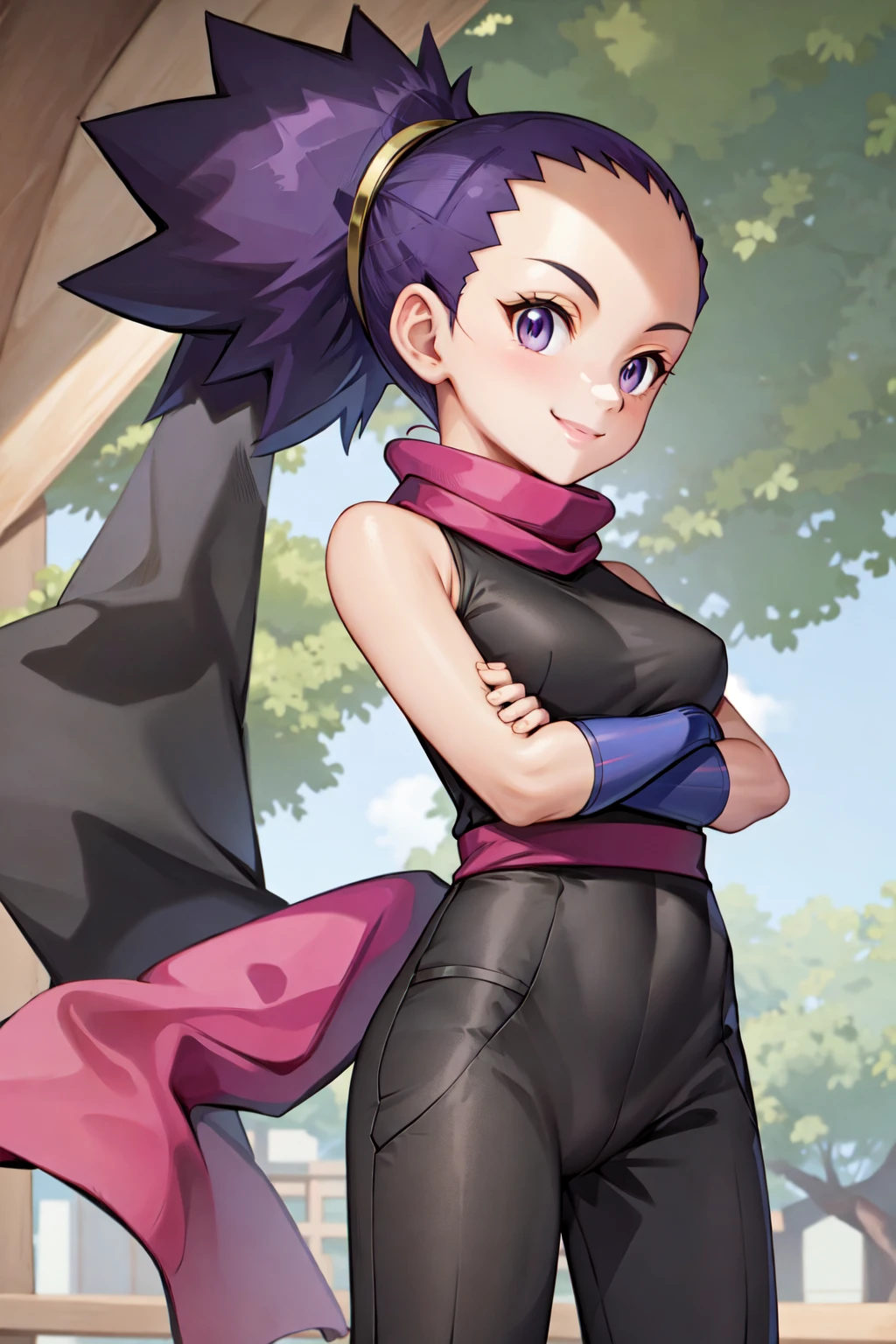 solo,  janine,  japanese clothes,  bodysuit under clothes,  black shirt,  black pantss,  purple scarf,  sash,  forest,  bracers,  arms crossed,  smile,  upper body,<lora:EMS-216237-EMS:0.600000>