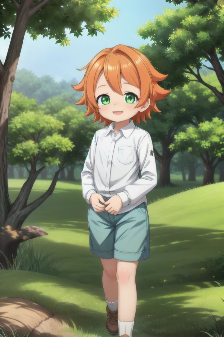 <lora:the-promised-neverland-emma-sd15-V10:0.6>
a **-****-*** girl neverland_emma standing on a beautiful green field with trees in the background, she has green eyes, short hair and wears a long sleeved white collared shirt, she has orange hair she has a bright smile, the sun is setting, The soft lighting and detailed surroundings create an immersive environment where imagination runs wild hyper-detailed, hyper-detailed face, high quality visuals, dim Lighting, sharply focused, octane render, 8k UHD