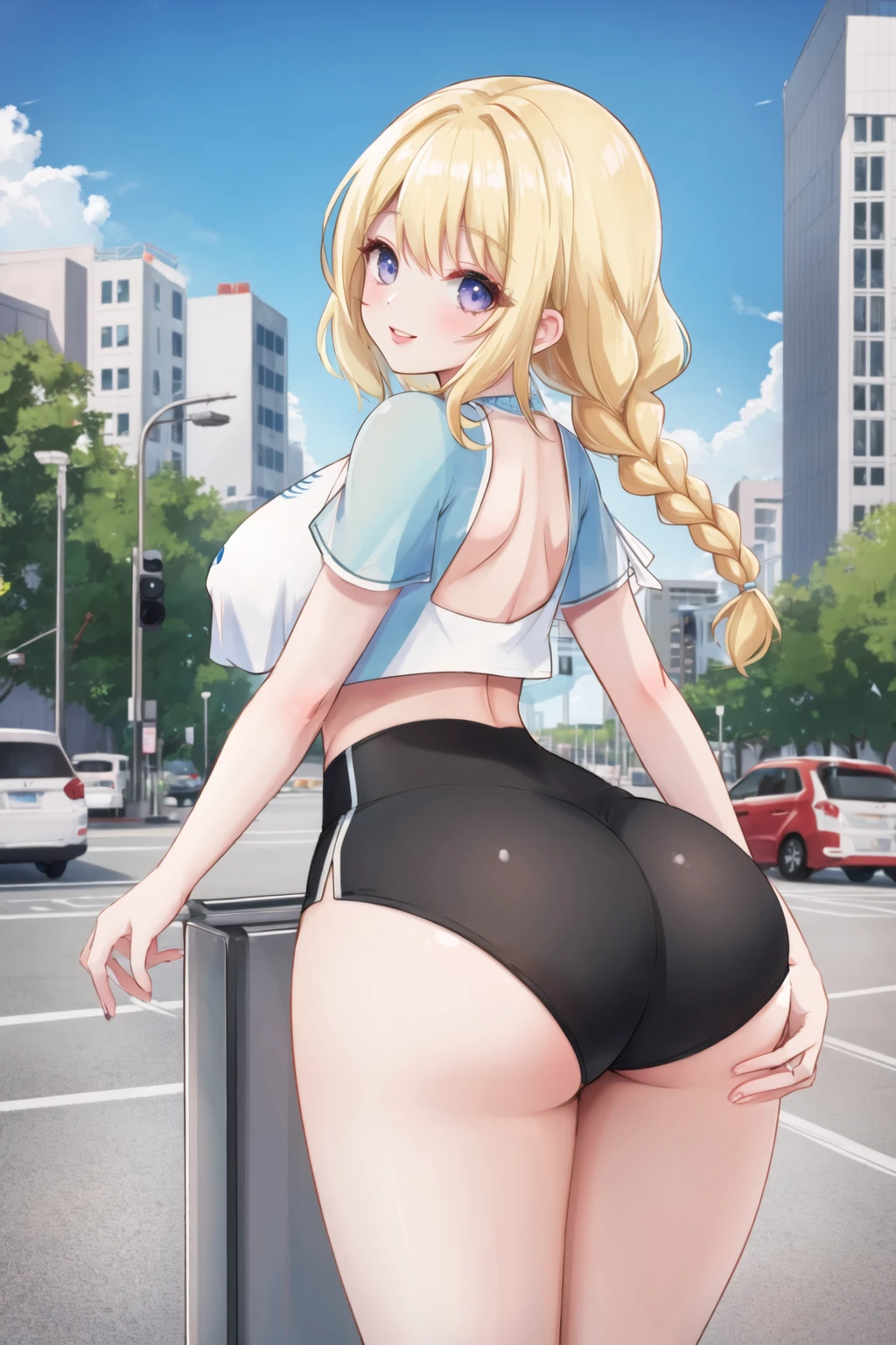 <lora:impshorts-10:0.6>, (impossible shorts), looking back, smile, lips, braid, blonde hair, large breasts, from behind, ass, outdoors, city, crop top