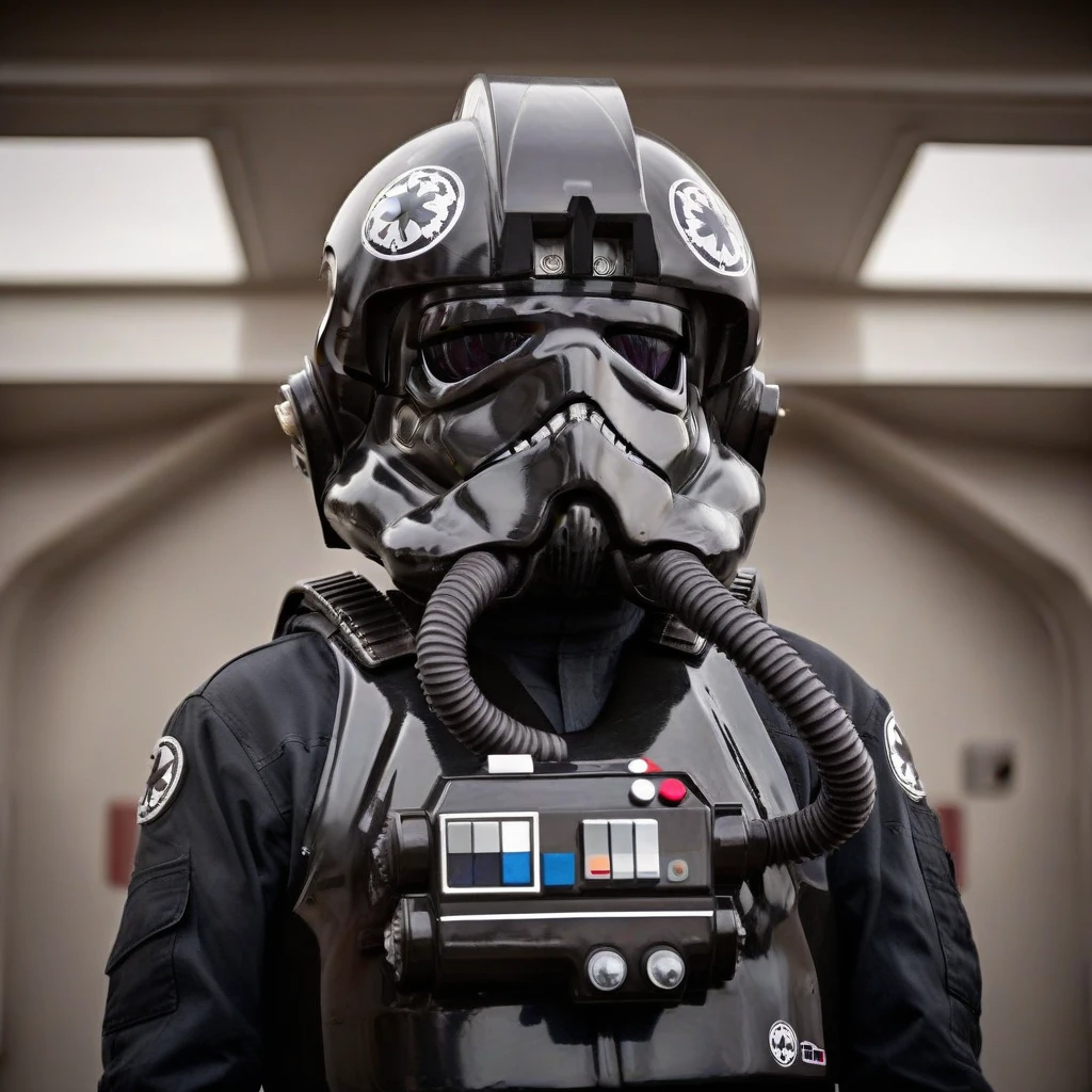 a cinematic film portrait still of a Tie Pilot wearing their helmet, in a sci-fi ship, full body shot <lora:Imperial_Tie_Pilots:0.75>. shallow depth of field, vignette, highly detailed, high budget Hollywood movie by baz luhrmann, bokeh, cinemascope, moody, epic, gorgeous, film grain, grainy