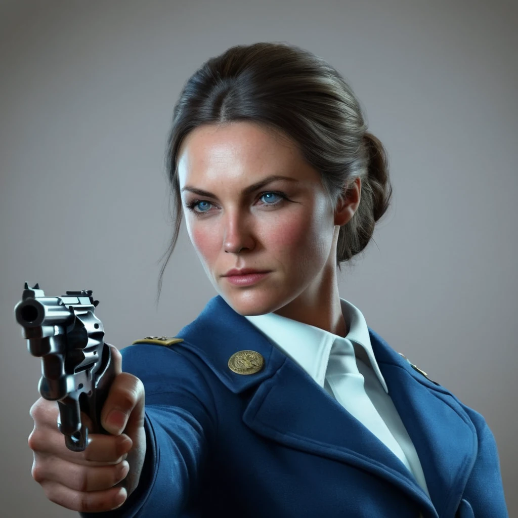 Hyperrealistic art of <lora:0.44 magnum revolver:1.2>
0.44 magnum revolver a woman holding a gun in a blue uniform perfection, Extremely high-resolution details, photographic, realism pushed to extreme, fine texture, incredibly lifelike