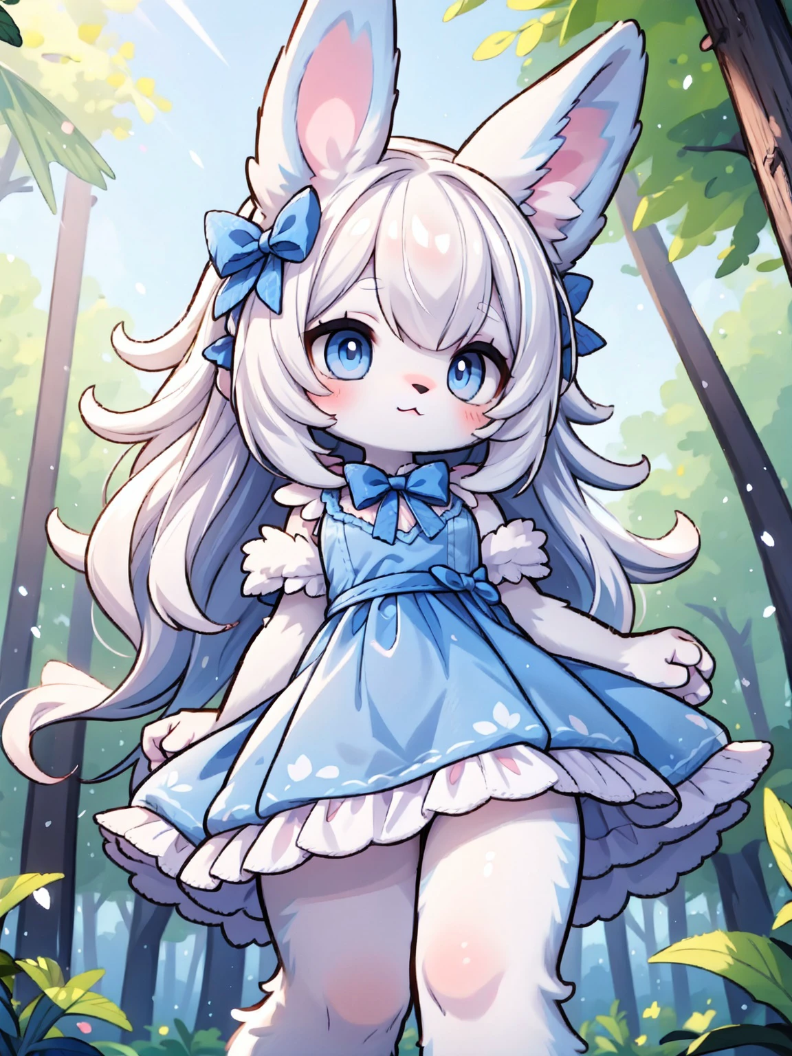 (blue rabbit furry female:1.2),fur body,rabbit ears,in forest,frilled dress,
looking at viewer, from below,