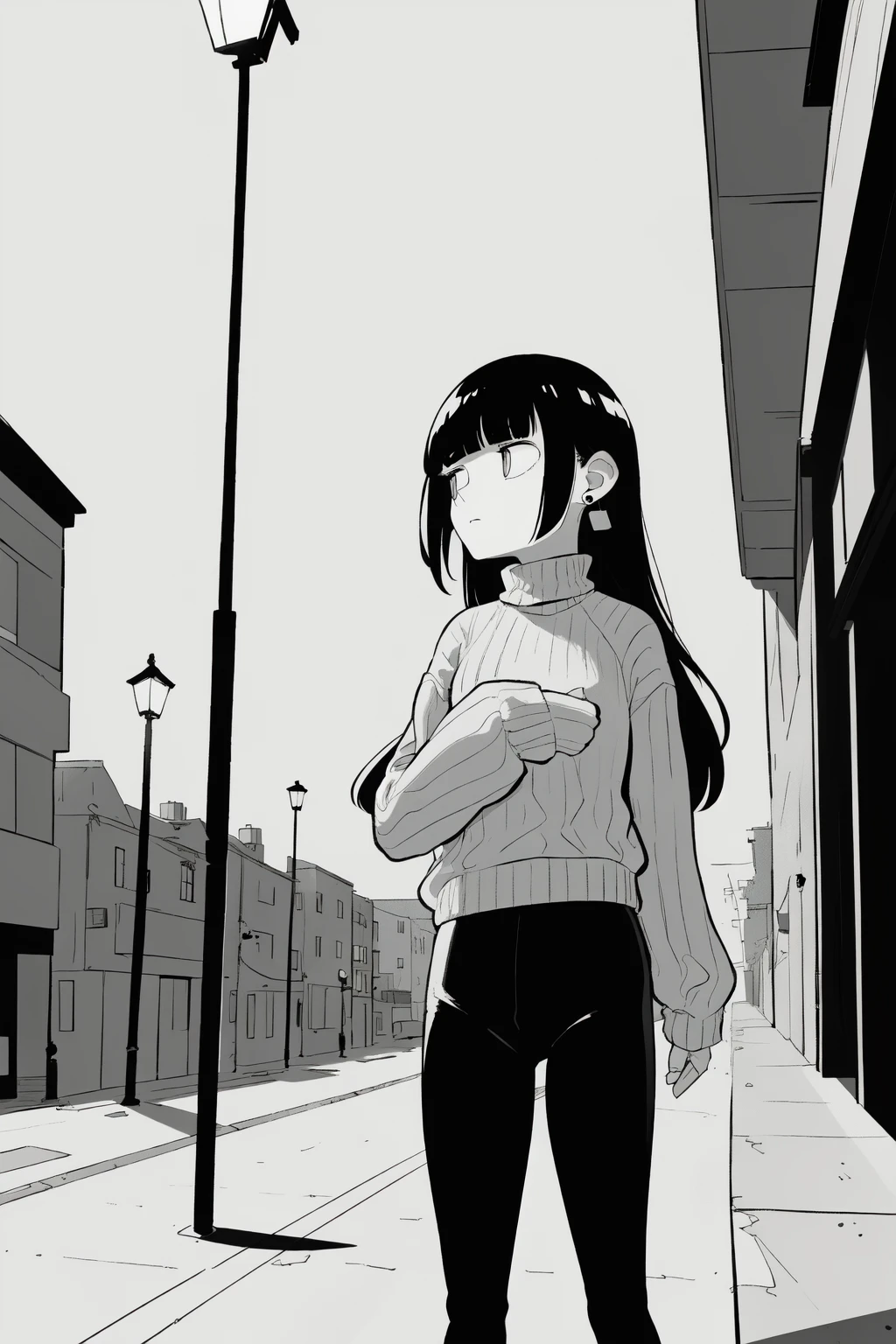 <lora:Ononaka Akihiro:1>, ononaka akihiro, flat color, flat shading, 2d, monochrome, greyscale, detailed background, cowboy shot, solo, 1girl, long hair, blunt bangs, earrings, ribbed sweater, turtleneck, long sleeves, leggings, yoga pants, standing, looking away, expressionless, city, sidewalk, lamppost, outdoors