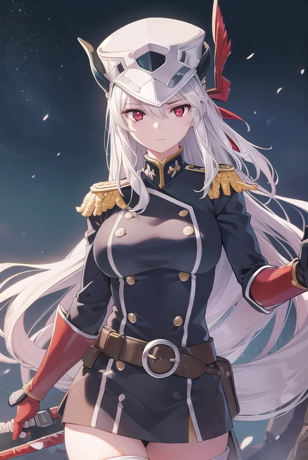 kyoukauzen, <lora:kyouka uzen manga-lora-nochekaiser:1>,
kyouka uzen, long hair, (red eyes:1.5), very long hair, white hair,
BREAK thighhighs, gloves, hat, boots, belt, sword, uniform, zettai ryouiki, military, military uniform, thigh boots, shako cap,
BREAK outdoors, space, starry sky, star \(sky\), moon,
BREAK looking at viewer, (cowboy shot:1.5),
BREAK <lyco:GoodHands-beta2:1>, (masterpiece:1.2), best quality, high resolution, unity 8k wallpaper, (illustration:0.8), (beautiful detailed eyes:1.6), extremely detailed face, perfect lighting, extremely detailed CG, (perfect hands, perfect anatomy),