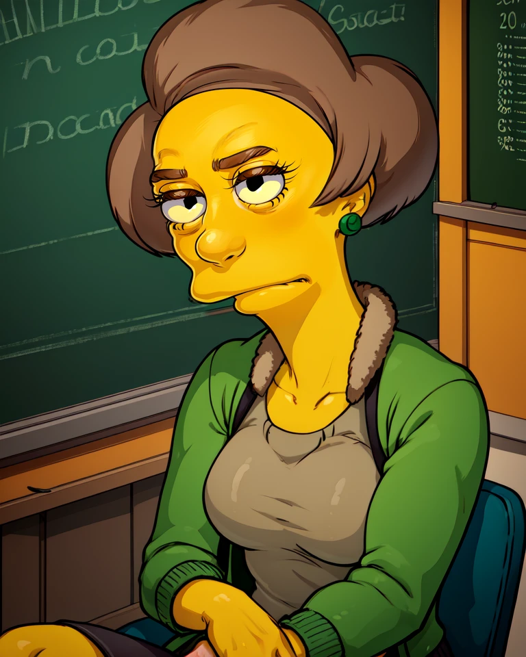 Edna,yellow skin,black eyes,grey or brown hair,
green jacket,sweater,earrings,
class room,desk,sitting,chalkboard,
the simpsons,
(insanely detailed, beautiful detailed face, masterpiece, best quality),<lora:ednakrabappel:0.8>,