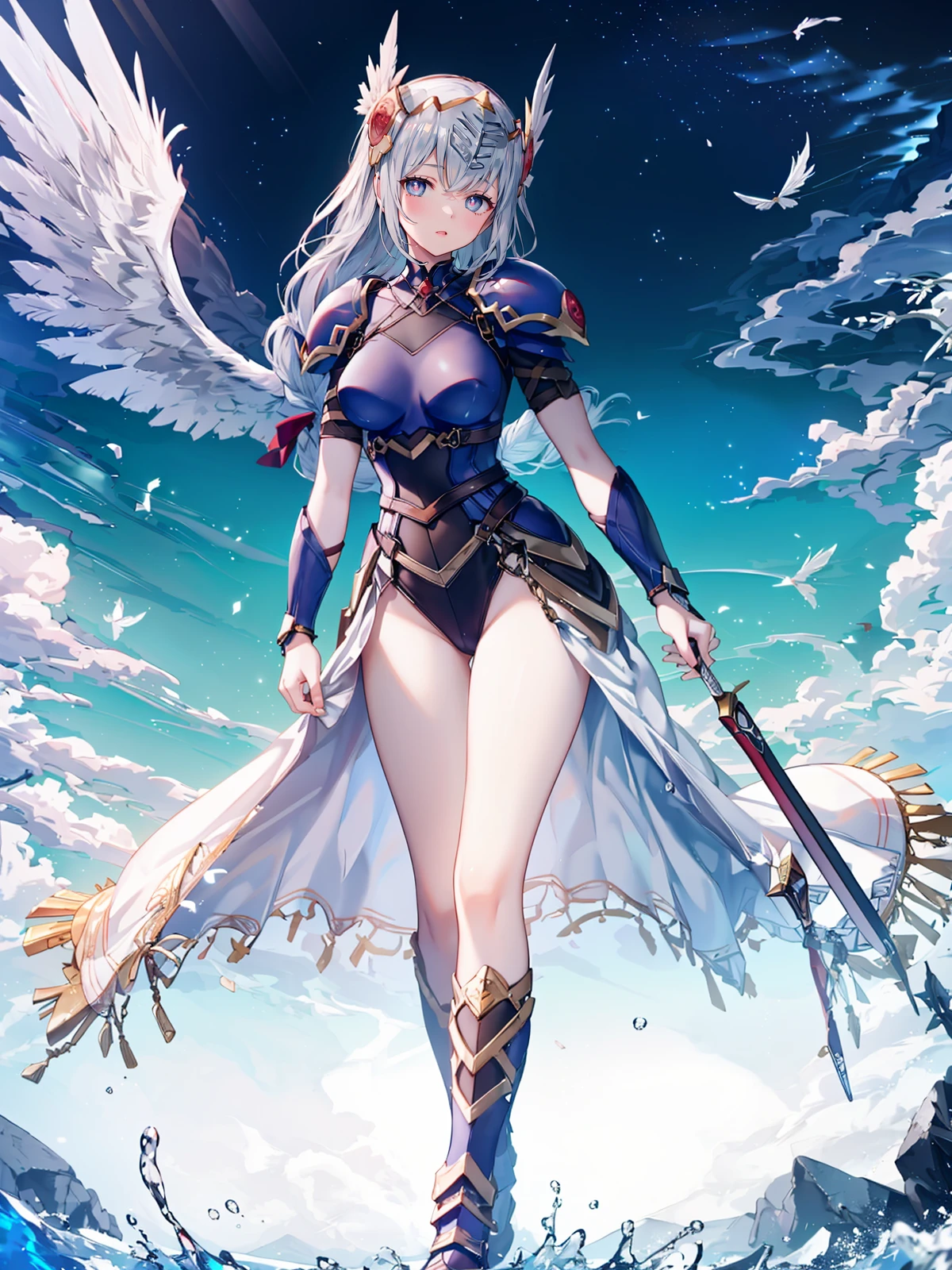 (extremely detailed CG, best quality:1.1), 1girl, perfect face, bright pupils, (finely detailed beautiful eyes:1.1), shiny skin, narrow waist, long hair, (blue armor:1.2), valkyrie, helmet, armored dress, braid, feather, winged helmet, shoulder armor, full body, depth of field, floating hair, <lora:LennethValkyrie:0.8>