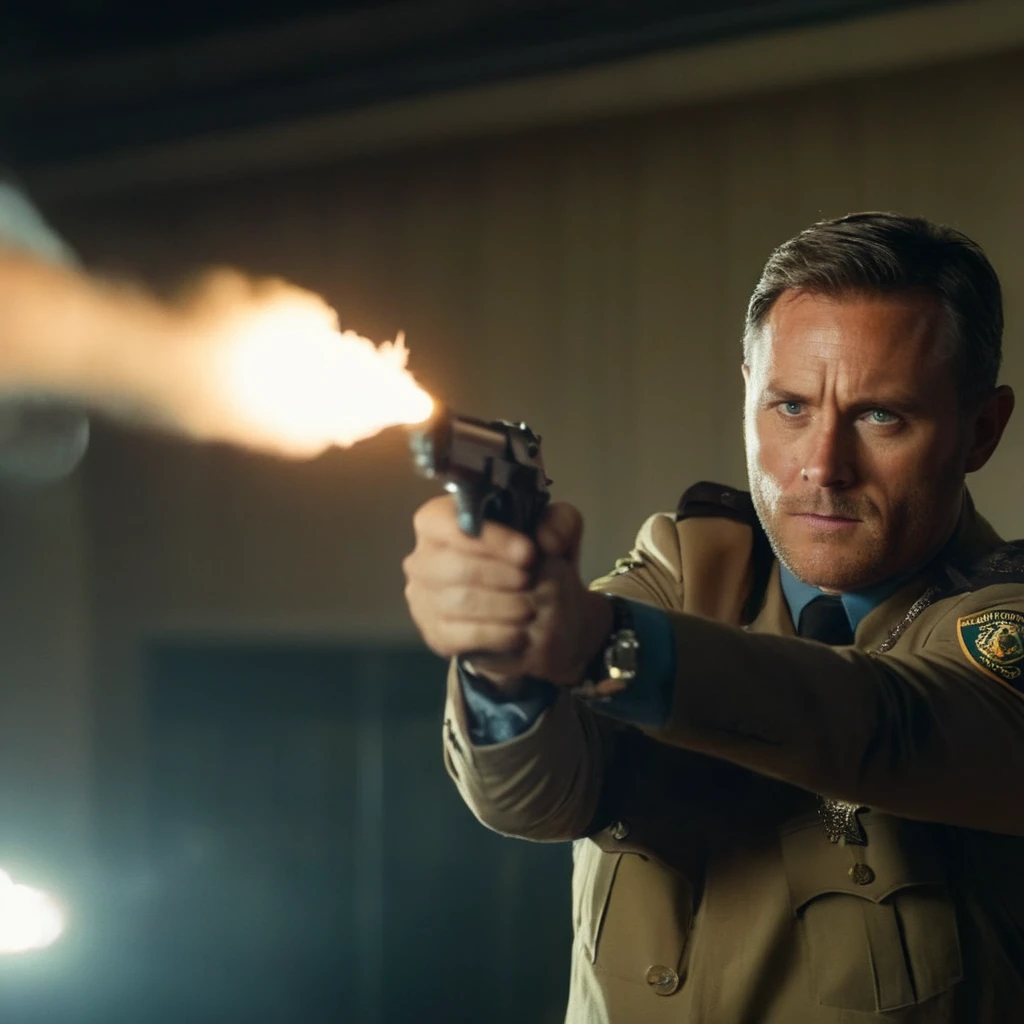 cinematic film still of <lora:Beretta 92FS:1.2>
Beretta 92FS a man in a sheriff uniform aims a gun with big muzzle flash out of it in a movie scene perfection
<lora:Perfect Hands:1> Perfect Hands, shallow depth of field, vignette, highly detailed, high budget, bokeh, cinemascope, moody, epic, gorgeous, film grain, grainy