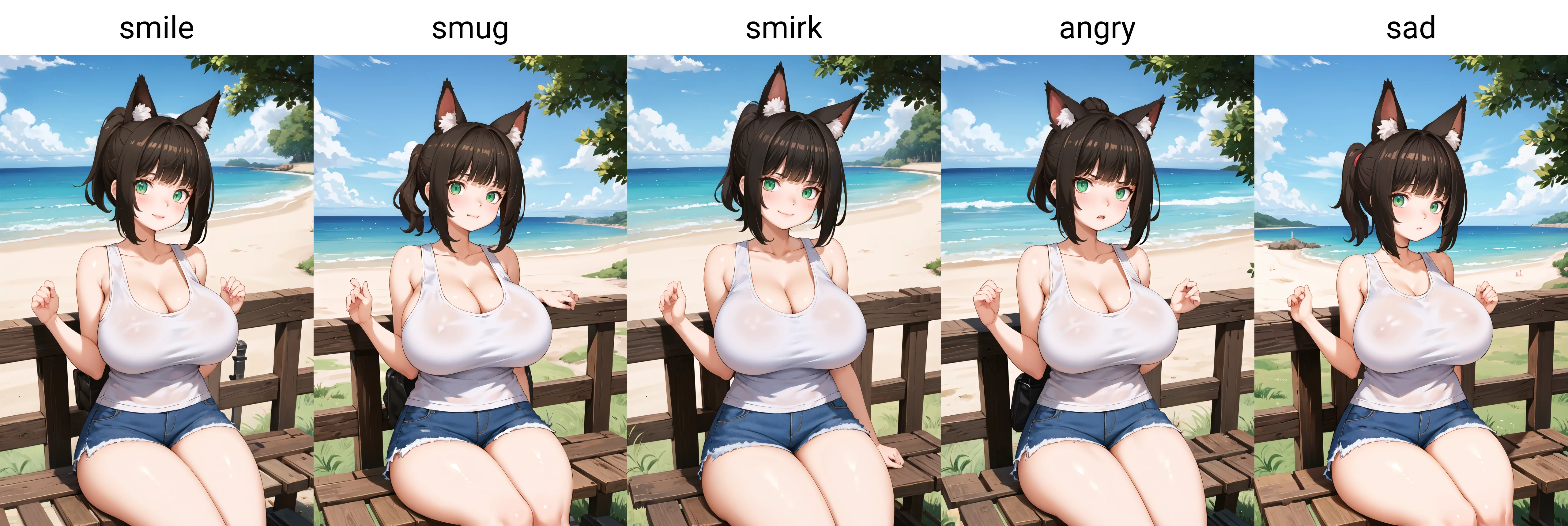 masterpiece, best quality, 1girl, solo, sitting, on bench, outdoors, beach, tank top, (white tank top:1.2), black hair, green eyes, (smile), ponytail, blunt bangs, short hair, huge breasts, blue shorts, fox ears <lora:wowowo-style-test_146678:1>