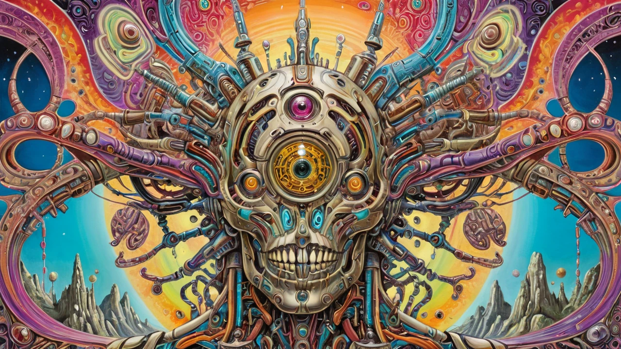 psychedelic robot art, surrealist painting, intricate details, best quality, masterpiece