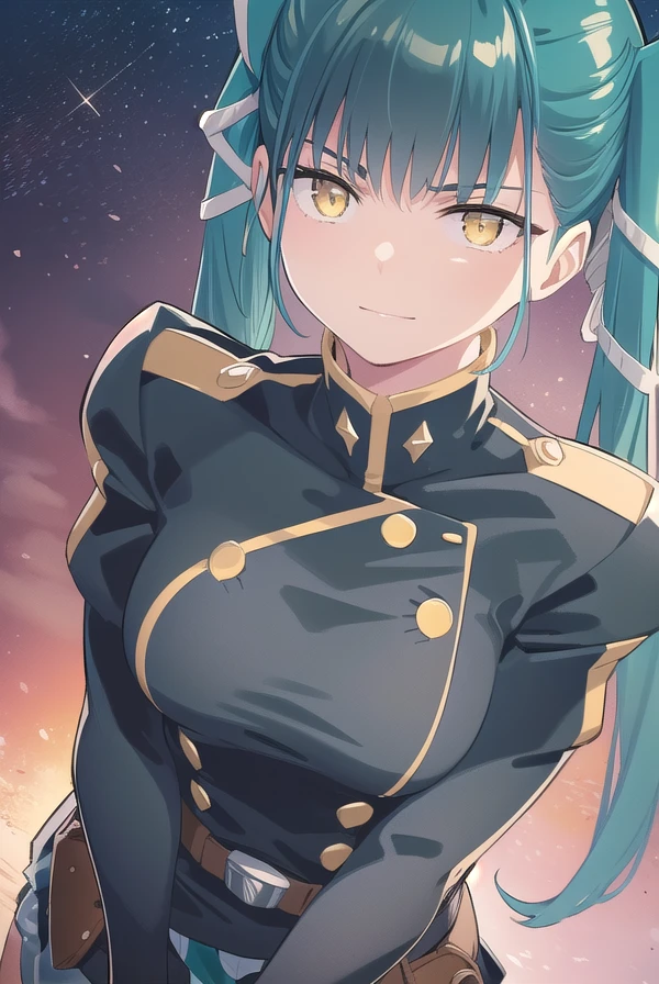 yachihoazuma, <lora:yachiho azuma manga-lora-nochekaiser:1>,
yachiho azuma, long hair, twintails, hair ribbon, (aqua hair:1.5), (yellow eyes:1.5), smile, smirk,
BREAK thighhighs, gloves, jewelry, earrings, boots, shorts, belt, uniform, military, military uniform, thigh boots, epaulettes, black military uniform,
BREAK outdoors, space, starry sky, star \(sky\), moon,
BREAK looking at viewer, (cowboy shot:1.5),
BREAK <lyco:GoodHands-beta2:1>, (masterpiece:1.2), best quality, high resolution, unity 8k wallpaper, (illustration:0.8), (beautiful detailed eyes:1.6), extremely detailed face, perfect lighting, extremely detailed CG, (perfect hands, perfect anatomy),