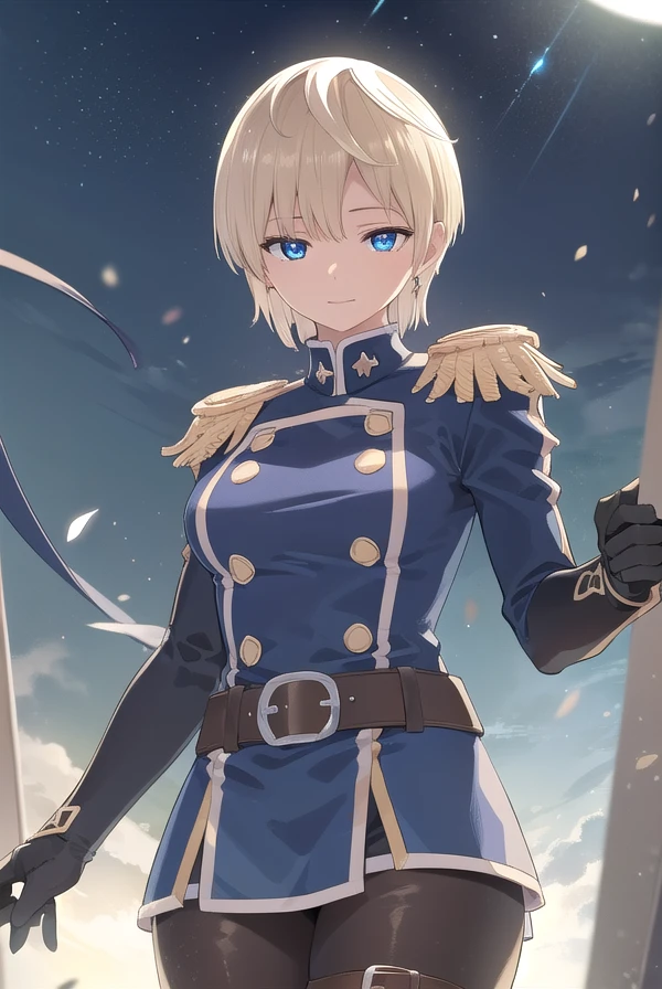 tenkaizumo, <lora:tenka izumo manga-lora-nochekaiser:1>,
tenka izumo, short hair, blue eyes, blonde hair, smile,
BREAK thighhighs, gloves, jewelry, earrings, boots, shorts, belt, uniform, military, military uniform, thigh boots, epaulettes,
BREAK outdoors, space, starry sky, star \(sky\), moon,
BREAK looking at viewer, (cowboy shot:1.5),
BREAK <lyco:GoodHands-beta2:1>, (masterpiece:1.2), best quality, high resolution, unity 8k wallpaper, (illustration:0.8), (beautiful detailed eyes:1.6), extremely detailed face, perfect lighting, extremely detailed CG, (perfect hands, perfect anatomy),