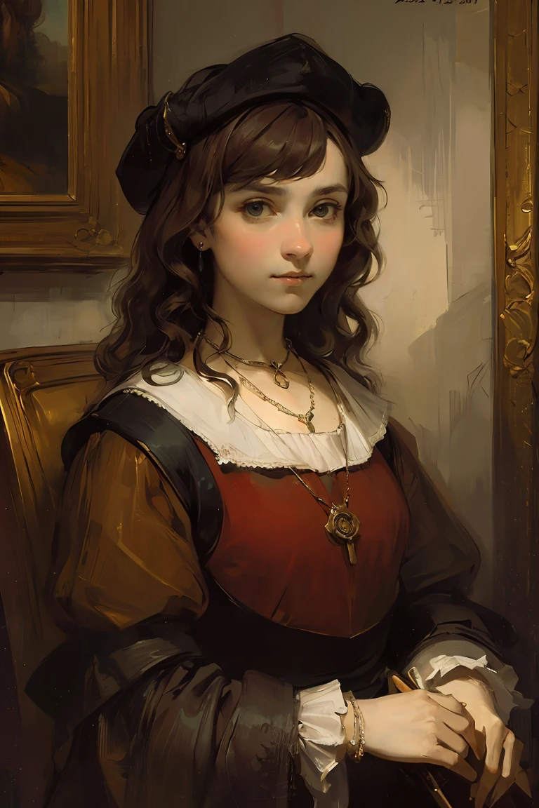 (oil painting,in Rembrandt style:1.1),(medieval portrait:1.2),oil painting with brushstrokes,masterpiece, best quality, detailed,portrait, 1woman,dress, necklace,