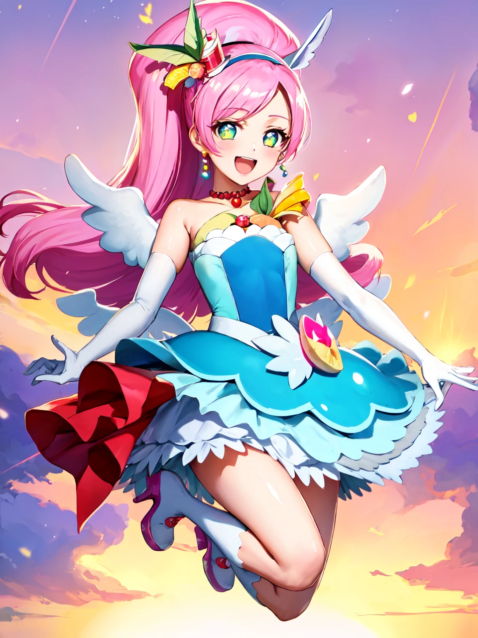 masterpiece, best quality, looking at viewer, depth of field, standing, full body,open mouth,
1girl, <lora:locon_cure_parfait_04:0.85>, cure parfait, wide ponytail, layered skirt, shoulder pads, high heels, white socks, wings, mini hat, elbow gloves, hairband, porch, earrings, jewelry, fruit, 
smile, ((gradient background)), lens flare,