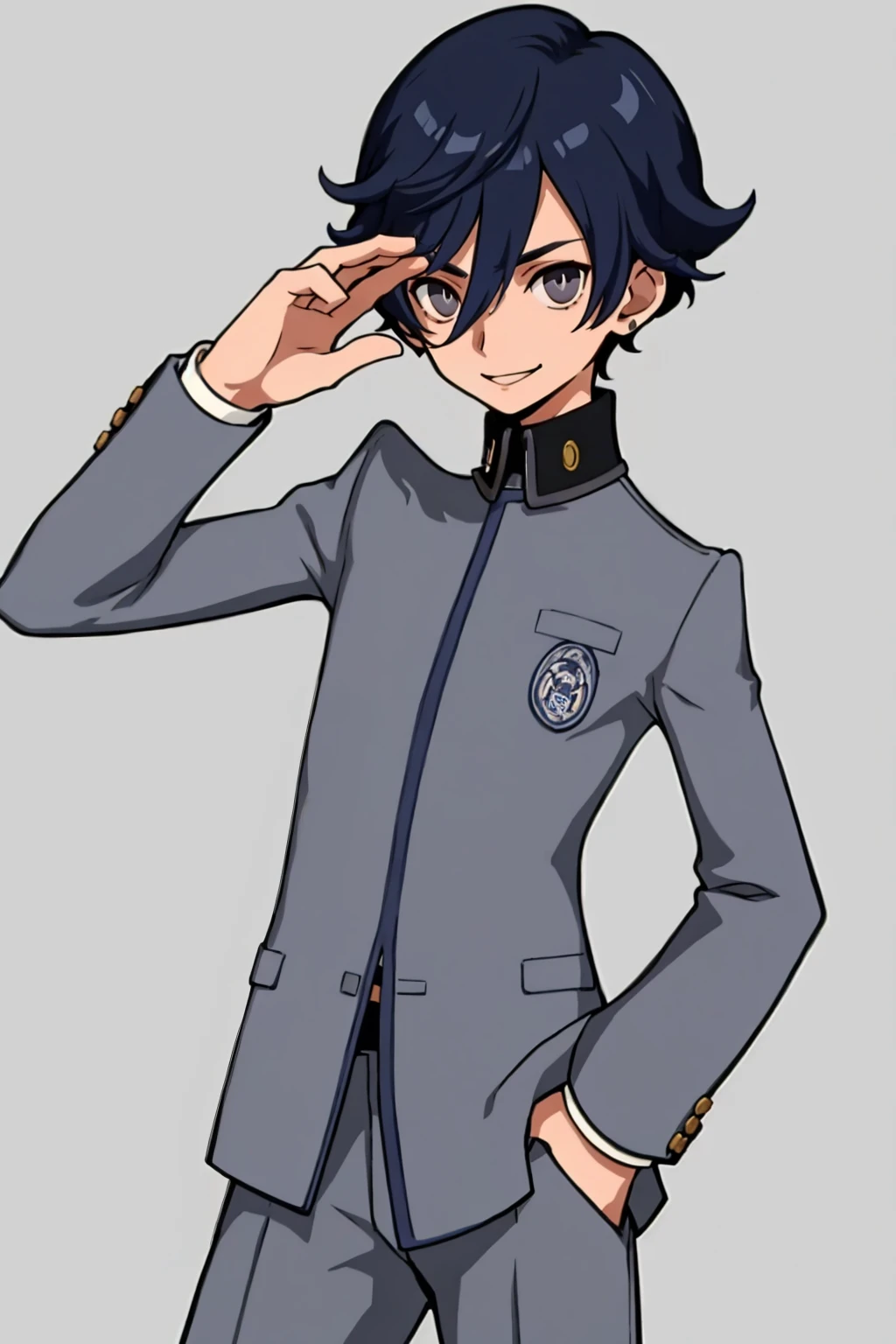 masterpiece, best quality, solo, 1boy, smile, looking at viewer, <lora:NaoyaV3:1> Naoya, school uniform, grey pants, <lora:P5-tactica_Fp:1>, simple background, hand on own face, hand on hip,
