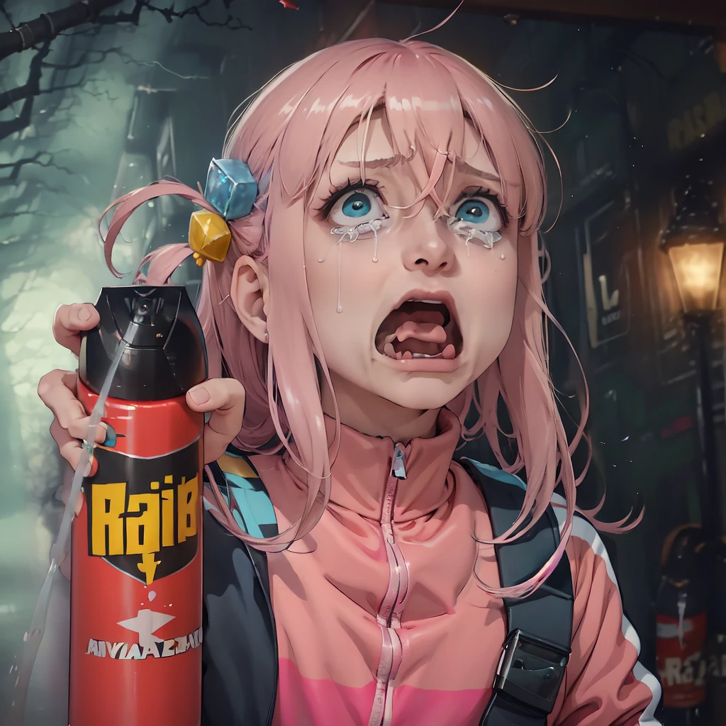 1girl, IncrssprayRaid, <lora:VictorVanDortSprayingRaidAndScreamingMeme:1>, open mouth, holding, gotohdef, one side up, cube hair ornament, pink jacket, track jacket, long sleeves, <lora:Char_BocchiTheRock_HitoriGotoh:1>, aquascreaming, screaming, crying with eyes open, <lora:Pos_AquaScreaming:1>, looking at viewer,