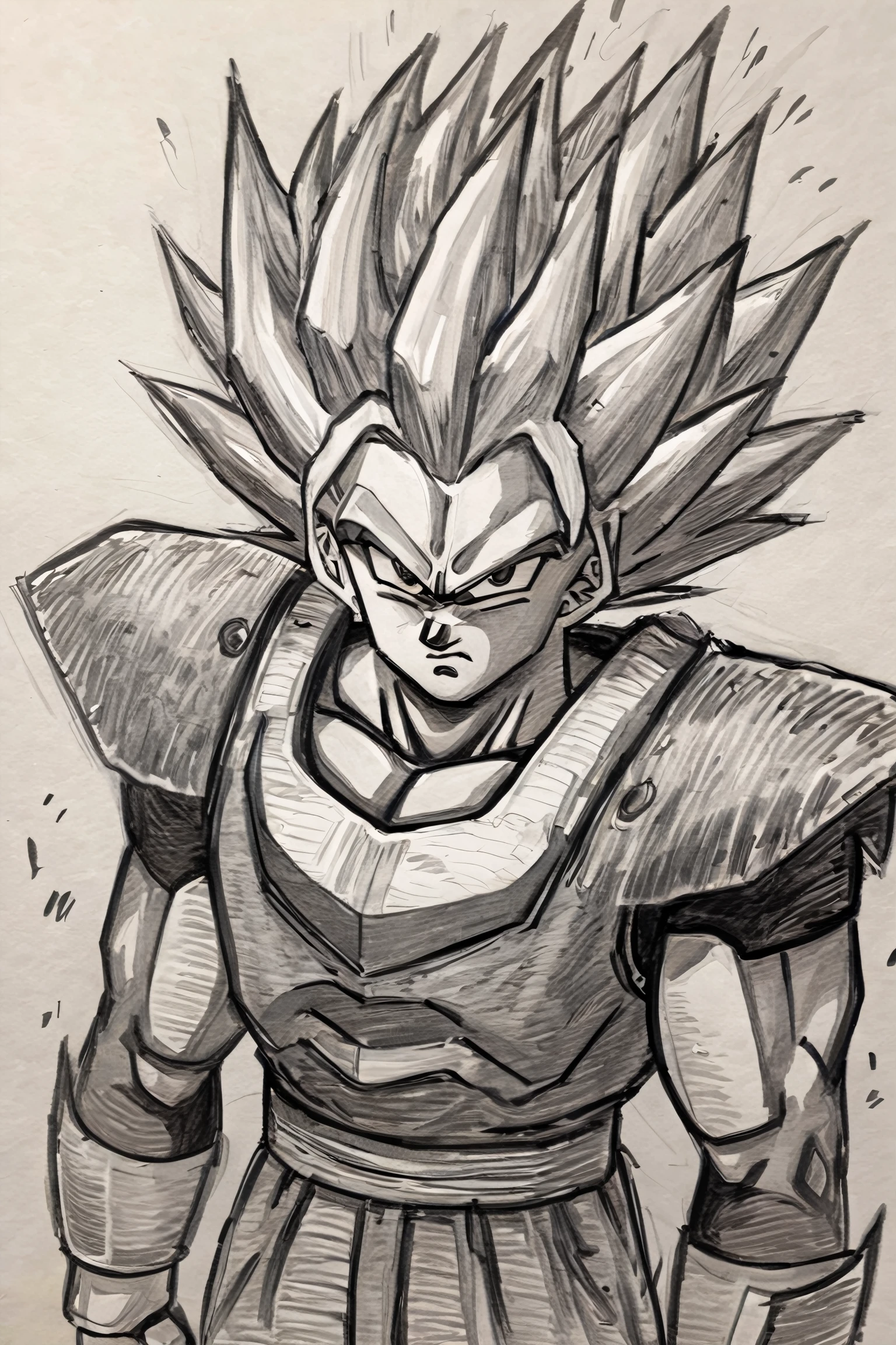 ((masterpiece, best quality)), (Pencil_Sketch:1.2, messy lines, greyscale, traditional media, sketch), unfinished, hatching (texture), solo, scifi armor, looking at viewer, simple background, 1boy, closed mouth, upper body, male focus, spiked hair, serious, dougi, saiyan, <lora:Anime_Sketch_SDXL:0.800000>