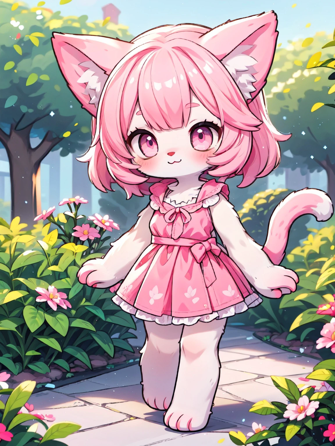 (slightly above:1.2),looking at viewer,smile,in garden,standing,depth of field,walking,
(furry cat girl:1.2),(furry female:1),body fur,blunt bangs,pink hair,pink eyes,pink cat ears,camisole,short skirt,pink skin,cat tail,
full body,