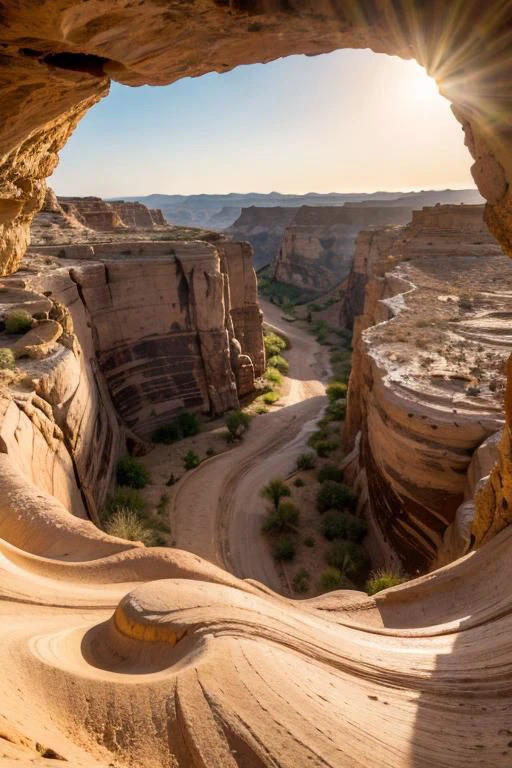 A desert landscape with a canyon carved by wind and time, revealing layers of colorful rock formations