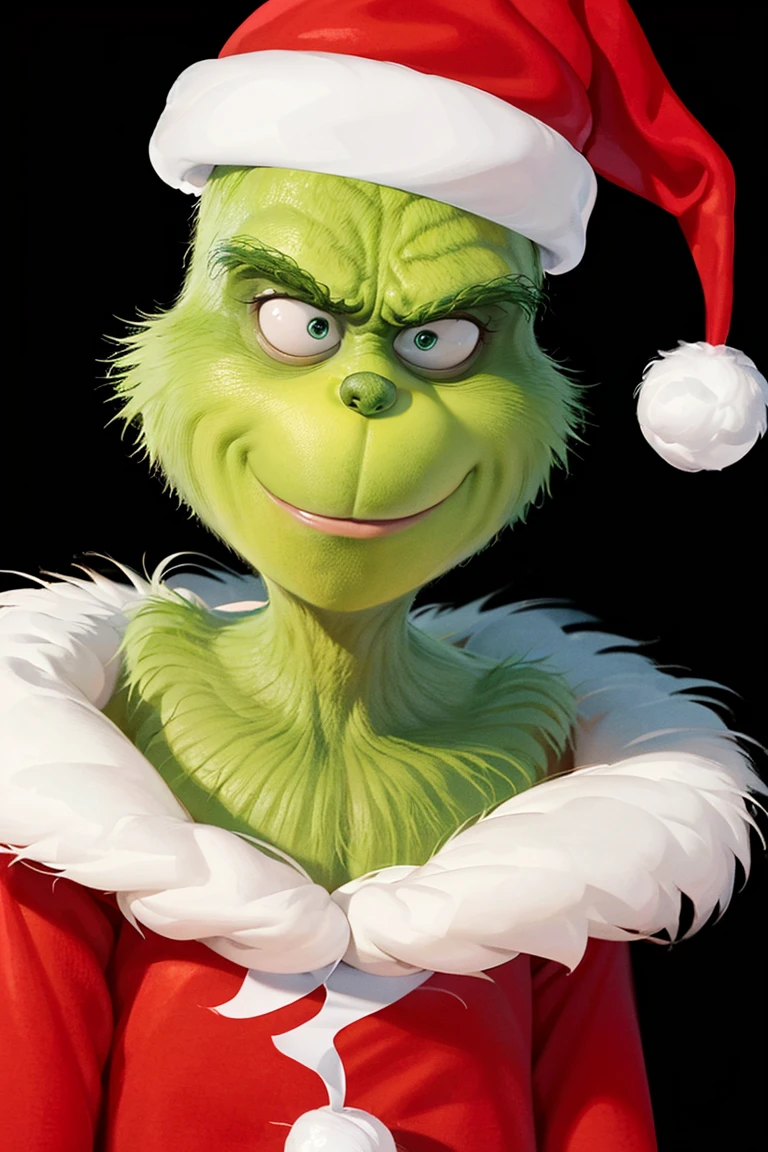 ((masterpiece,best quality)), absurdres,
<lora:Grinch_v2:0.8>, Grinch,
Grinch_Classic, simple background, 1boy, hat, upper body, male focus, black background, christmas, santa hat, santa costume