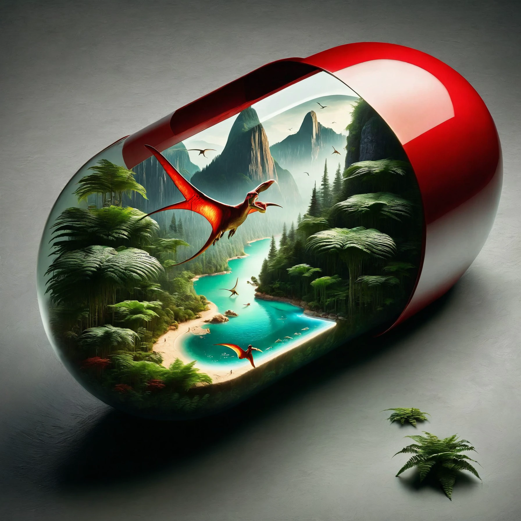 red pill, pill opens to a prehistoric world, These worlds are rich in ancient ecosystems, featuring dense fern forests, misty swamps, towering mountains, and inhabited by a variety of prehistoric animals, including flying pterosaurs and giant sea creatures, The contrast between the sleek, modern appearance of the pill and the raw, ancient landscapes inside is vividly depicted
<lora:red_pill:1>