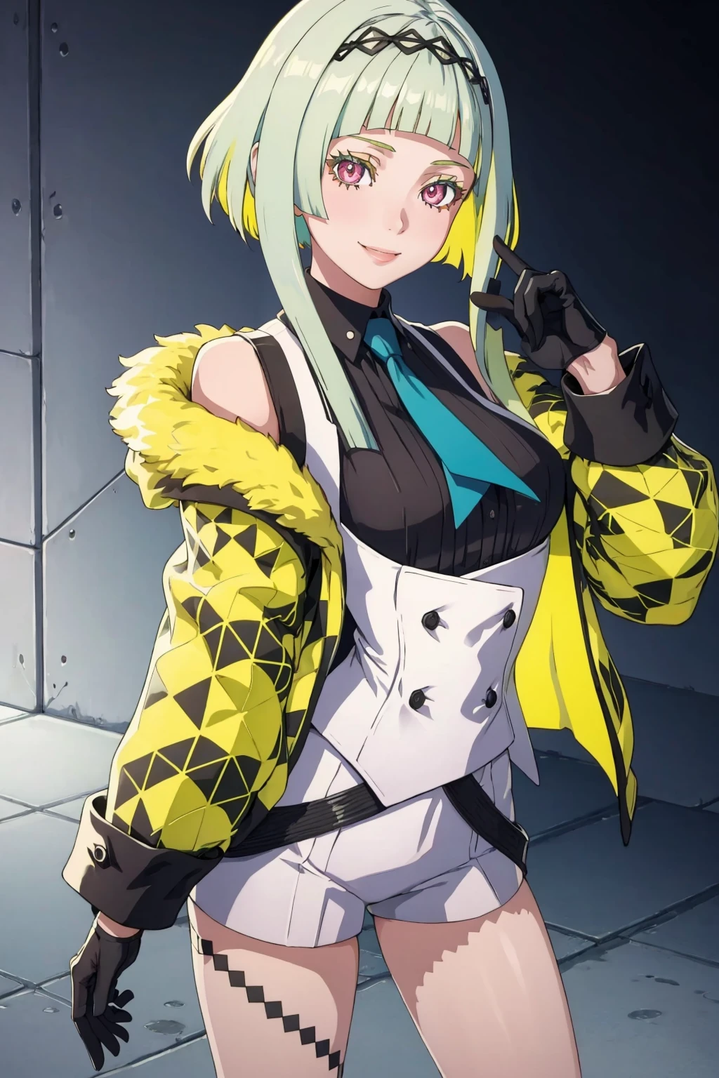 masterpiece, best quality, solo, 1girl, looking at viewer, smile, <lora:Ringo_Fp:1> ringosh2, shirt, jacket, black gloves, necktie, hairband, white shorts, <lora:FE-ENGAGE S Rank_Fp:1>,