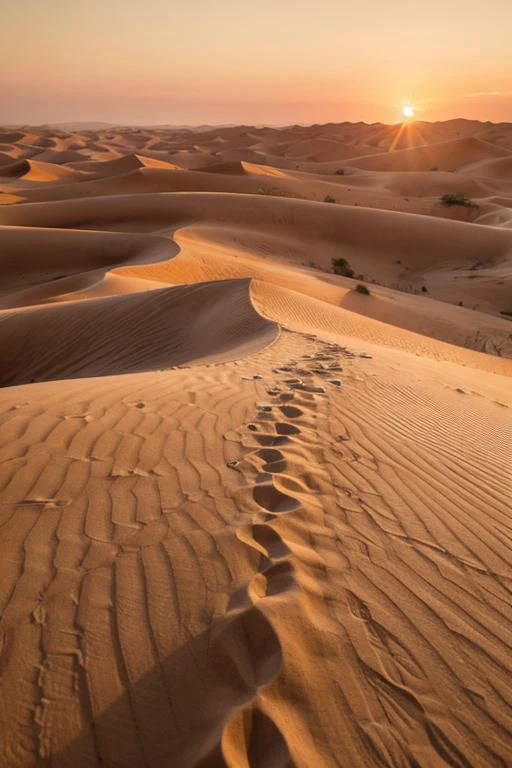 A vast desert landscape with rolling sand dunes under a golden sunse