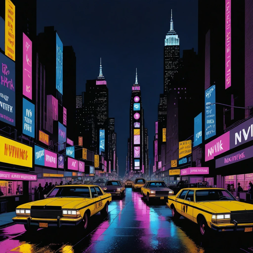 nvinkpunk, popart, dark hues, new york city at night