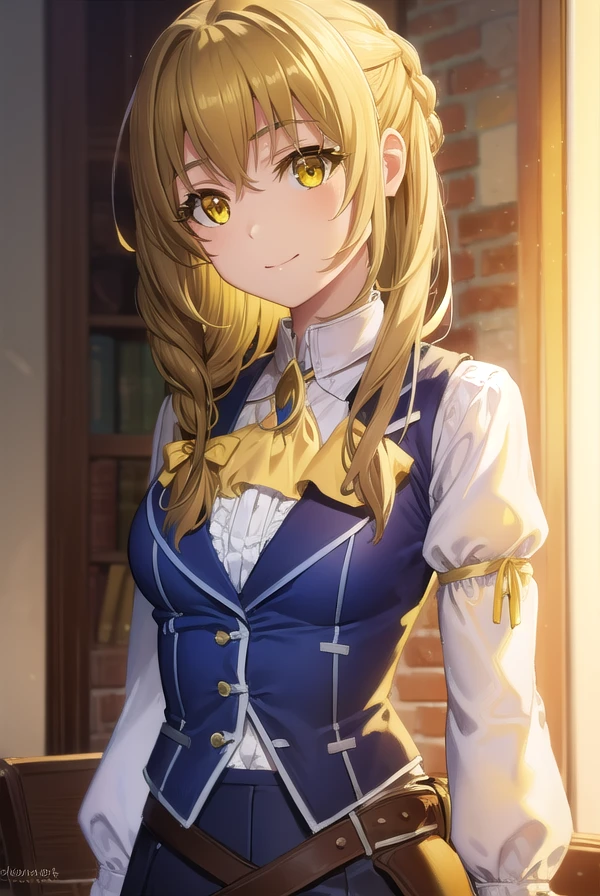 guildgirl, <lora:guild girl s2-lora-nochekaiser:1>,
guild girl, long hair, brown hair, (yellow eyes:1.5), braid, single braid, smile,
BREAK skirt, shirt, long sleeves, white shirt, pantyhose, black skirt, vest, long skirt, yellow ribbon, ascot, yellow ascot,
BREAK indoors, guild,
BREAK looking at viewer, (cowboy shot:1.5),
BREAK <lyco:GoodHands-beta2:1>, (masterpiece:1.2), best quality, high resolution, unity 8k wallpaper, (illustration:0.8), (beautiful detailed eyes:1.6), extremely detailed face, perfect lighting, extremely detailed CG, (perfect hands, perfect anatomy),