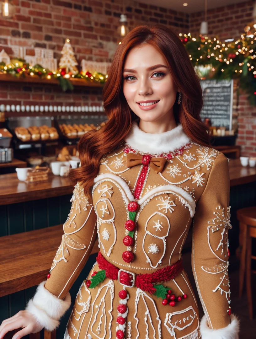 RAW photo, 1girl, redhead, beautiful (smiling:0.7) face, dress made of christmas gingerbread, GingerbreadFashion, complex cafe background, 8k uhd, dslr, soft lighting, high quality, film grain, Fujifilm XT3, (intricate details:0.9), (hdr, hyperdetailed:1.2)
<lora:GingerbreadFashion:0.6>