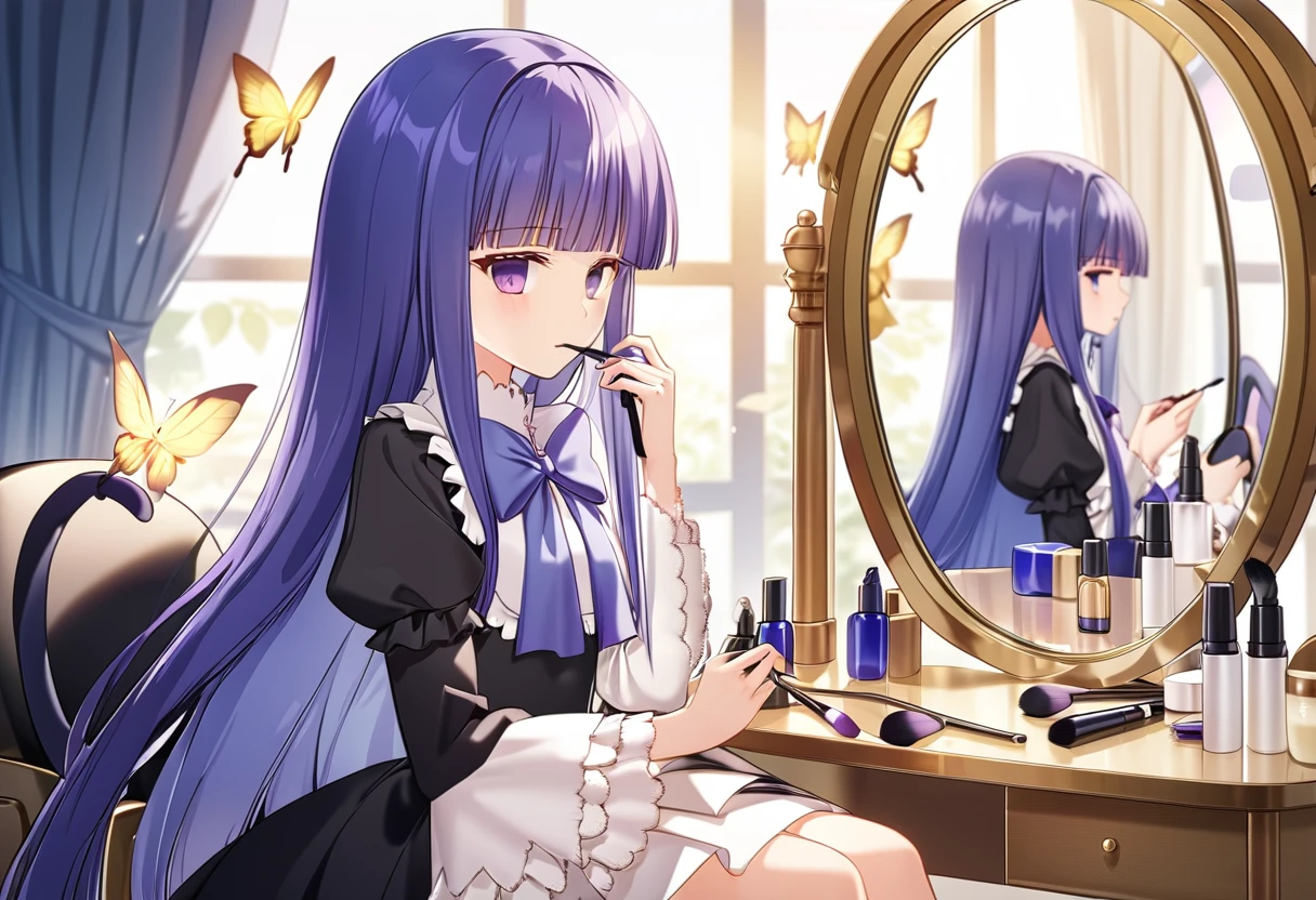  <lora:frederica_bernkastel:0.8><lora:old_school_xl_style:0.41><lora:sdxl_detail:-1.0>solo, frederica bernkastel, sitting on chair, (applying makeup:1.15), (cosmetics:0.8), beauty salon, mirror, (reflection:0.9), black dress, long sleeves, very long hair, (cat tail, tail ornament, tail bow:1.1), golden butterfly, flowers,

cinematic photo (masterpiece), (best quality), (ultra-detailed), official art, detailed eyes, perfect composition,intricate details, . 35mm photograph, film, bokeh, professional, 4k, highly detailed