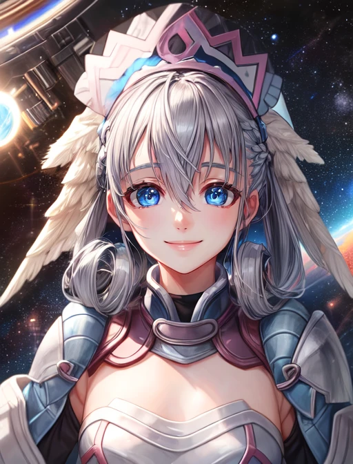 best quality, masterpiece, highres, detailed, digital artwork, <lora:Detail - add_detail:0.2>, MeliaXenoblade, blue eyes, head wings, hair between eyes, grey hair, <lora:Character - MeliaXenoblade:0.9>, armor, upper body, headdress,space station, happy, smile,