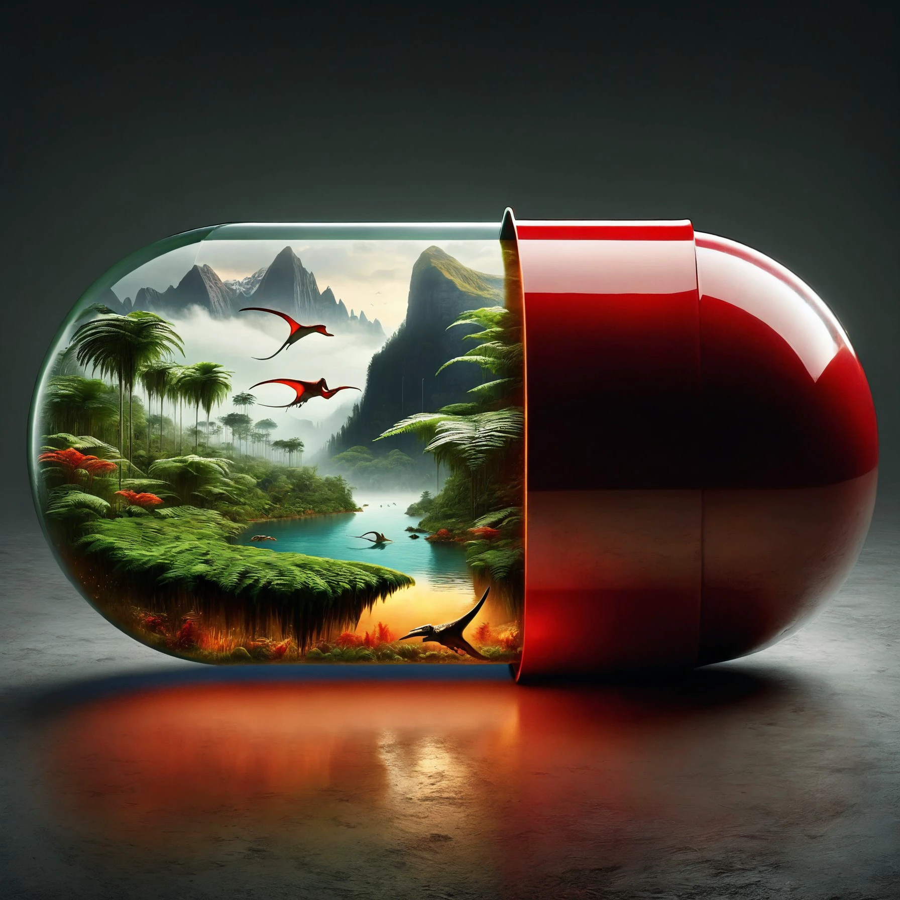 red pill, pill opens to a prehistoric world, These worlds are rich in ancient ecosystems, featuring dense fern forests, misty swamps, towering mountains, and inhabited by a variety of prehistoric animals, including flying pterosaurs and giant sea creatures, The contrast between the sleek, modern appearance of the pill and the raw, ancient landscapes inside is vividly depicted
<lora:red_pill:1>