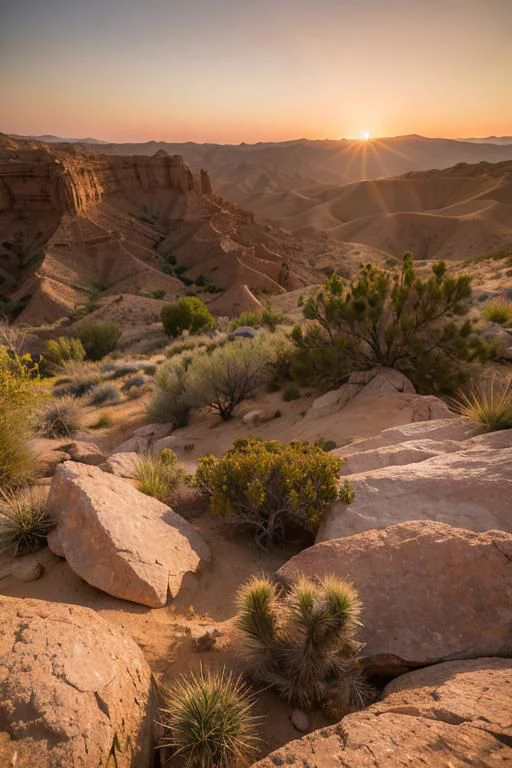 A desert canyon at sunrise, with the first light of day illuminating the rugged cliffs and casting long shadows