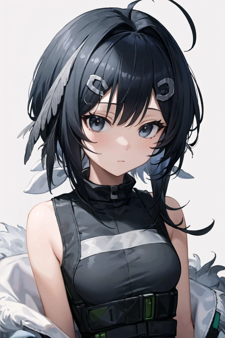 white background,
1girl,solo,
<lora:la-pluma-mk7:1>,lapluma,laplumaoriginal,
black hair,short hair,ahoge,hairclip,sidelocks,hair intakes,
black eyes,
feather hair,hair clip,
black shirt,sleeveless shirt,fur trim,strap,