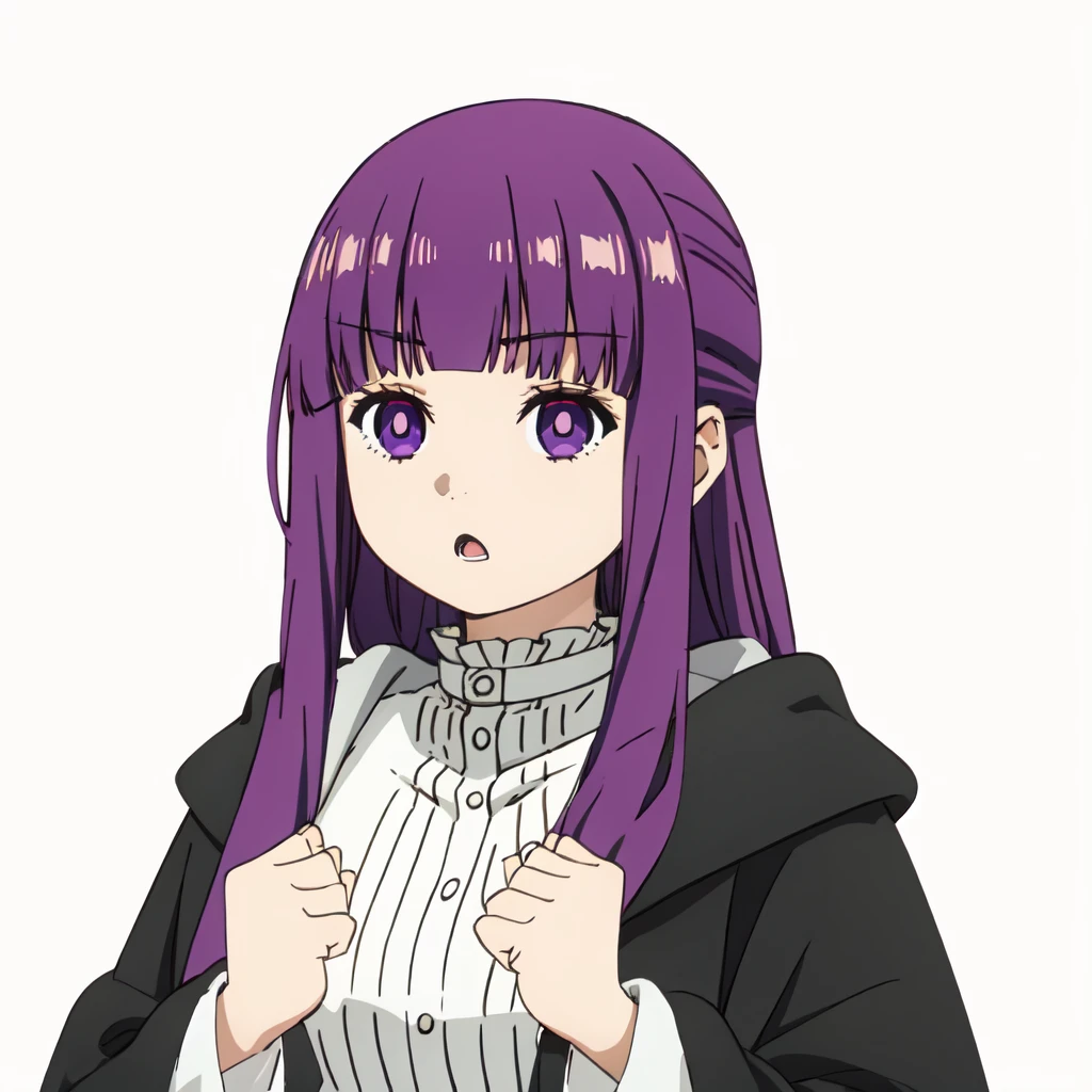 <lora:Fern:1>1girl, solo, fern, fern_clothes, black_robe, white_shirt, purple_hair, purple_eyes, long_hair breasts, white_dress,
<lora:ganbaruzoi-v4:1>ganbaruzoi, clenched hands, open mouth, upper body, looking at viewer, :o