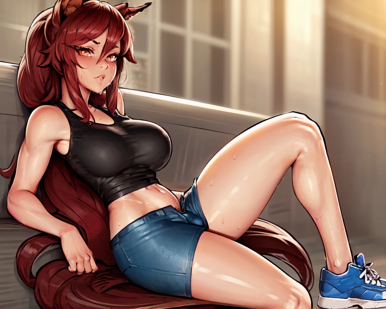 <lora:BBC-Chan-NAI-LyCORIS-512px:0.90>
1girl, solo, horse_girl, sitting outdoors, muscular thighs, sweaty, wearing (tank_top, shorts, sneakers), horse_ears, horse_tail, very long red hair