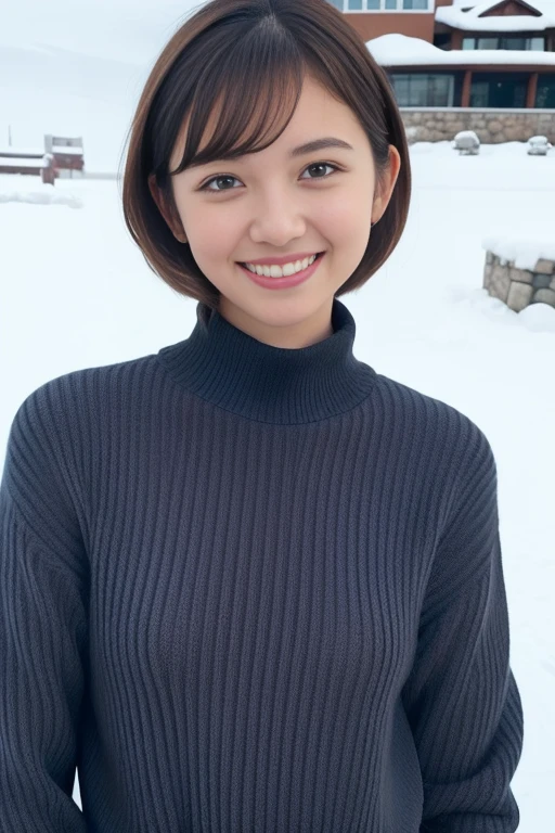 1girl,(wearing a turtleneck sweater),(winter jacket),(flat chest:1.5)(RAW photo, best quality), (realistic, photo-realistic:1.4), masterpiece, an extremely delicate and beautiful, extremely detailed, 2k wallpaper, Amazing, finely detail, extremely detailed CG unity 8k wallpaper, ultra-detailed, highres, soft light, beautiful detailed girl, extremely detailed eyes and face, beautiful detailed nose, beautiful detailed eyes,cinematic lighting,snow scenery,ski resort,perfect anatomy,slender body,smiling <lora:tanakahitomi_lora:0.8>short hair