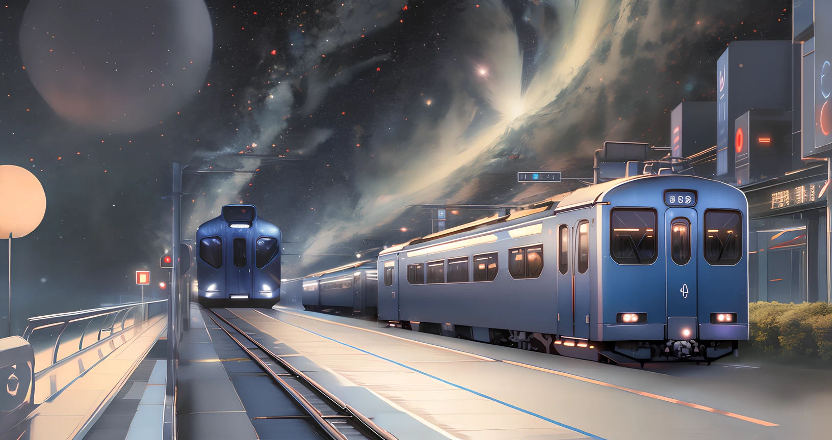 (high quality, masterpiece), eotw_lora, train, railway, outdoors, tree, night, night sky, starry sky, planet, <lora:eotw_lora:1>