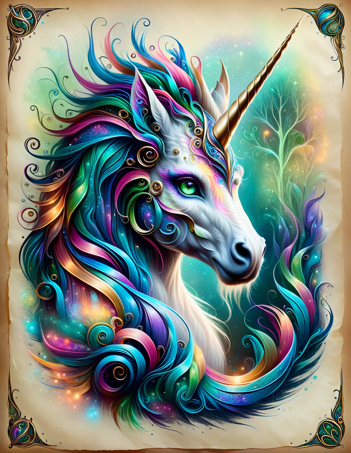 <lora:SDXLAuroraStyle:1> Aurorastyle, highly detailed portrait of a magical dragon unicorn, concept art, illustration, parchment paper, fairytale creature
