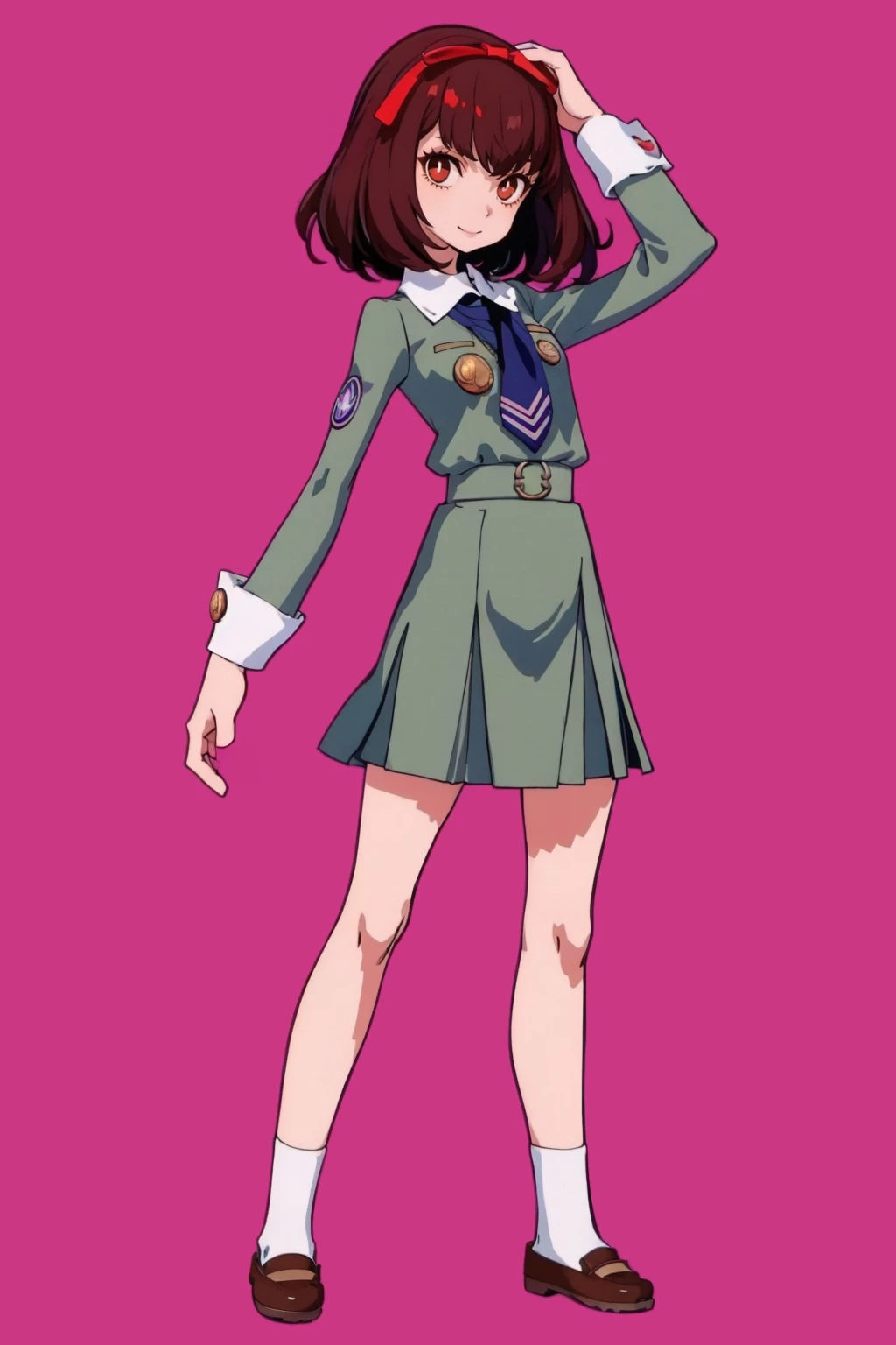 masterpiece, best quality, solo, 1girl, smile, looking at viewer, <lora:maki-nvwls-v1-final:0.9> sonomura maki, pendant, hair ribbon, school uniform, skirt, socks, mary janes, <lora:P5-tactica_Fp:1>, simple background,