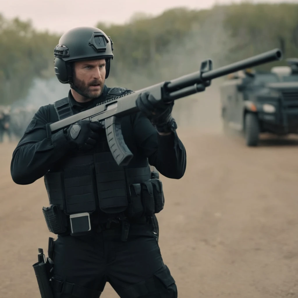 cinematic film still of <lora:Shotgun:1.5>
Shotgun a swat team man with a megaphone in his hand and a Shotgun in his other hand perfection, shallow depth of field, vignette, highly detailed, high budget, bokeh, cinemascope, moody, epic, gorgeous, film grain, grainy
