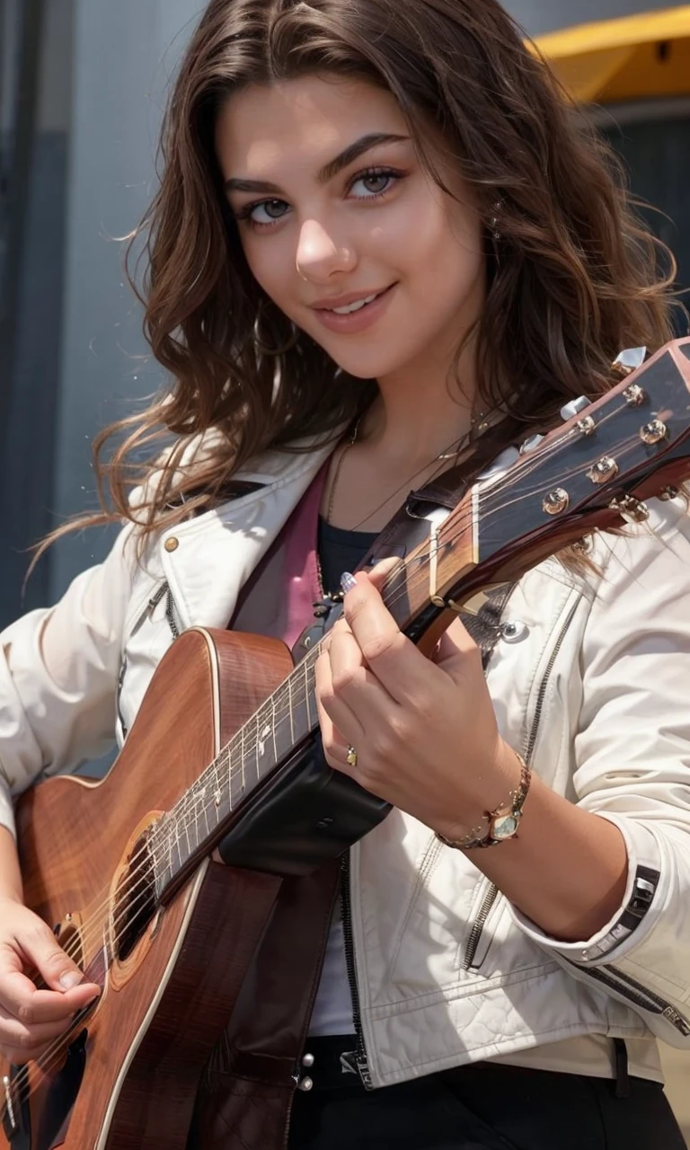 kirak2023, 1 girl, brown hair, uhd, best quality, masterpiece, playing guitar, leather jacket, 5 fingers, closeup, dark hair, long hair, photorealistic, smile, raw image. cinematic lihting