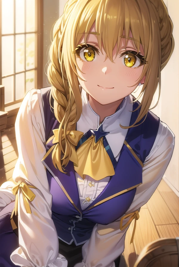 guildgirl, <lora:guild girl s2-lora-nochekaiser:1>,
guild girl, long hair, brown hair, (yellow eyes:1.5), braid, single braid, smile,
BREAK skirt, shirt, long sleeves, white shirt, pantyhose, black skirt, vest, long skirt, yellow ribbon, ascot, yellow ascot,
BREAK indoors, guild,
BREAK looking at viewer, (cowboy shot:1.5),
BREAK <lyco:GoodHands-beta2:1>, (masterpiece:1.2), best quality, high resolution, unity 8k wallpaper, (illustration:0.8), (beautiful detailed eyes:1.6), extremely detailed face, perfect lighting, extremely detailed CG, (perfect hands, perfect anatomy),