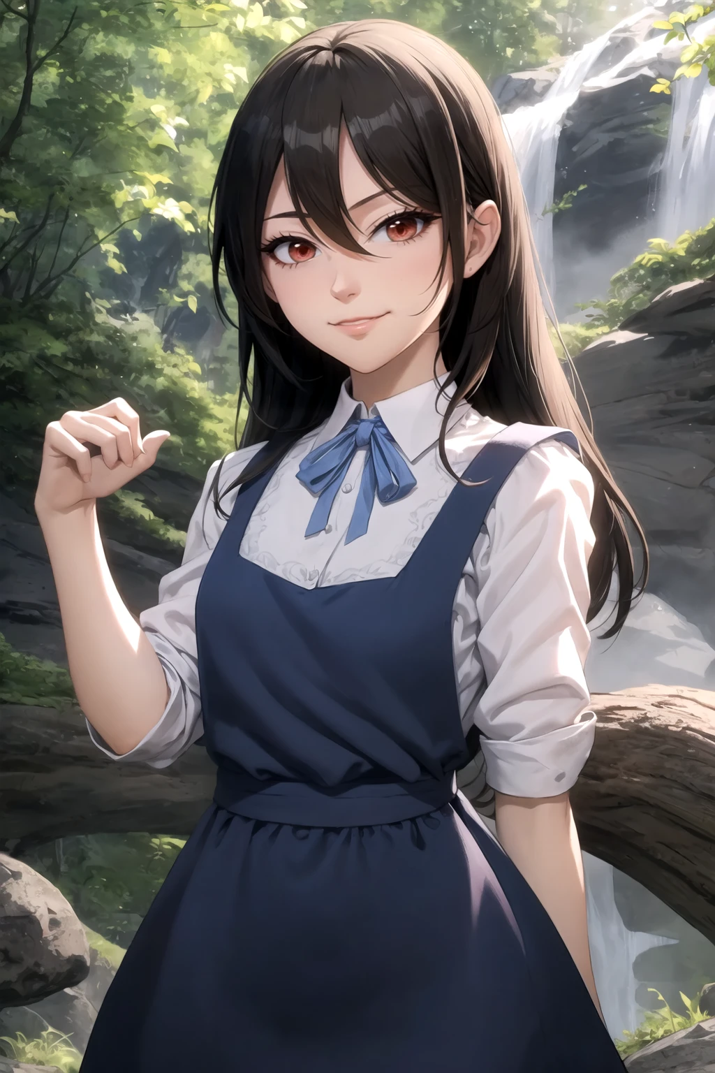 cowboy shot, evil smile, closed mouth BREAK cain, red eyes, black hair, long hair BREAK pinafore dress, blue dress, white shirt, blue ribbon BREAK waterfall background <lora:cain-sd15-2-000004:0.8>