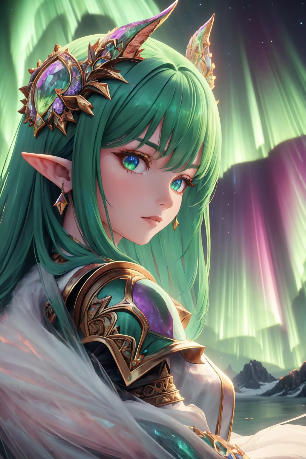 masterpiece, best quality, <lora:aurora-style-richy-v1:1> aurorastyle, pointy ears, fantasy, majestic, goddess, shoulder armor, looking at viewer, close-up,