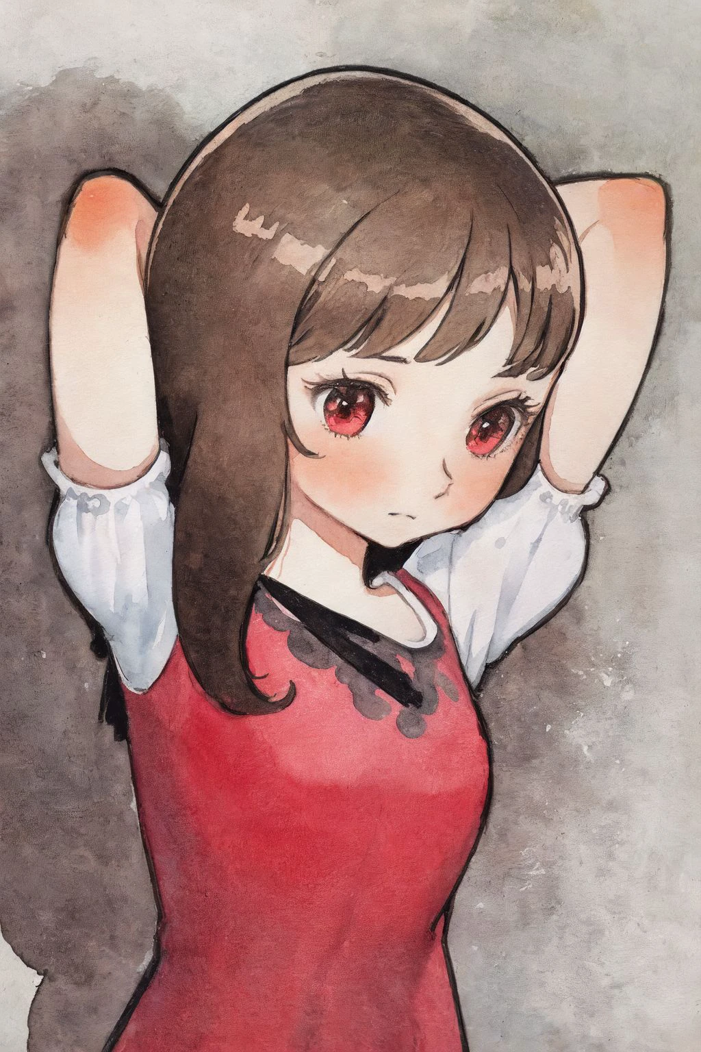 solo, 1girl, arms behind head, embarrassed, watercolor_\(medium\), marker_\(medium\), <lora:osamu_tezuka_style_v02:1>