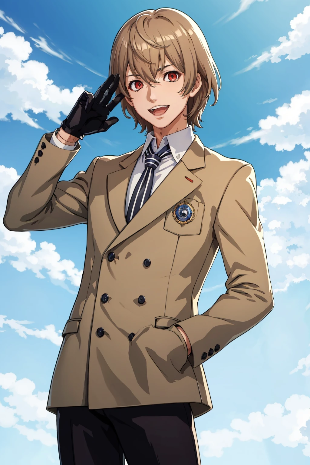 masterpiece, best quality, solo, 1boy, looking at viewer, :d, <lora:Akechi_Fp:1>, akechip5, collared shirt, jacket, gloves, pants, necktie, <lora:FE-ENGAGE S Rank_Fp:1>, sky, cloud, hands in pockets,
