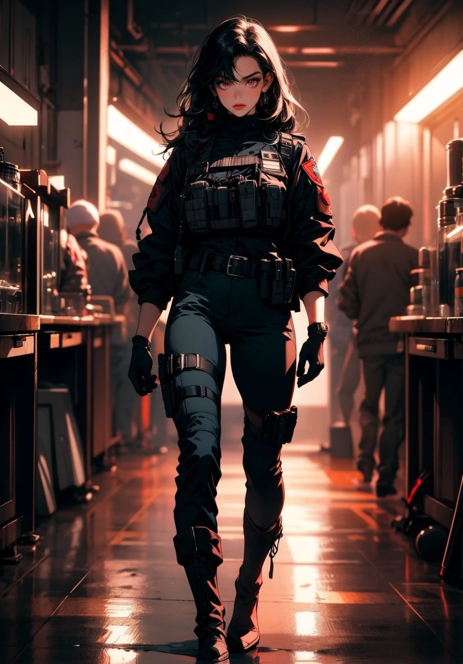 bokeh f1.8, ((bokeh light)), good anatomy, good eyes, masterpiece, cinematic light, {{depth of field}}, hyper detailed,1 woman patrolling a dark lab, long black hair, tall, mature adult, long black jacket, detailed red eyes, ballistic tactical vest, tall boots, belts around pants, gloves, dark lighting, realism