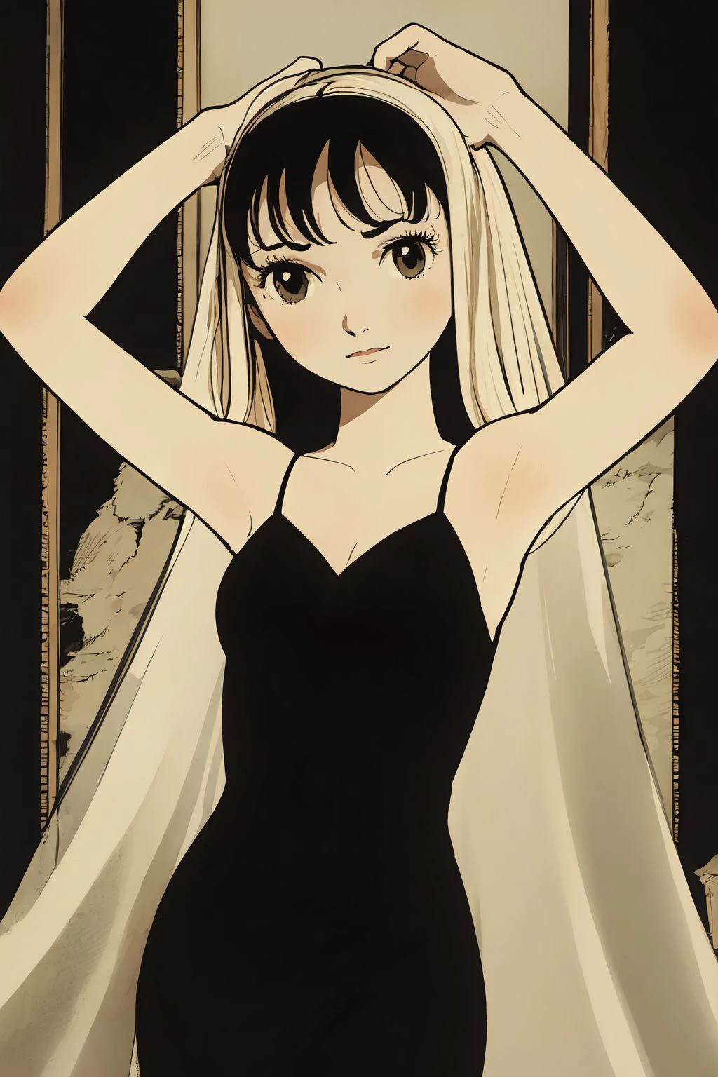 solo, 1girl, arms at sides, sorry <lora:osamu_tezuka_style_v02:1>